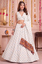 White Rayon Chaniya Choli with Kachchi Mirror Work