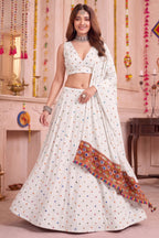 White Rayon Chaniya Choli with Kachchi Mirror Work