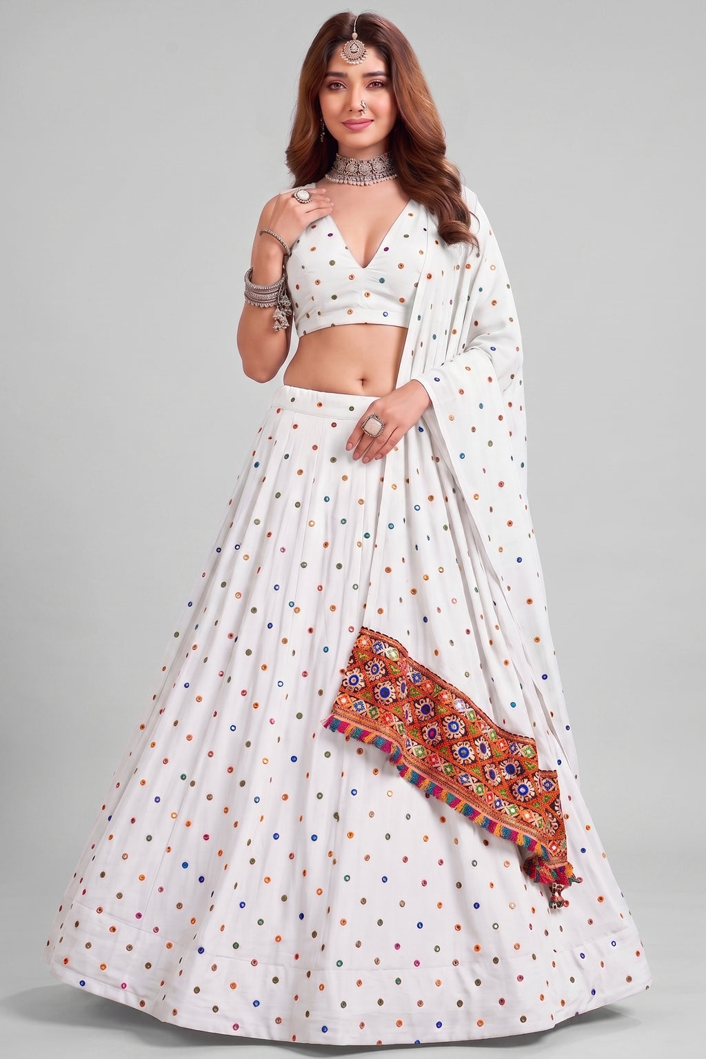 White Rayon Chaniya Choli with Kachchi Mirror Work