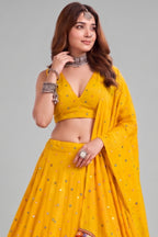 Yellow Rayon Chaniya Choli with Kachchi Mirror Work