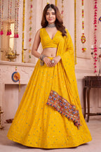 Yellow Rayon Chaniya Choli with Kachchi Mirror Work