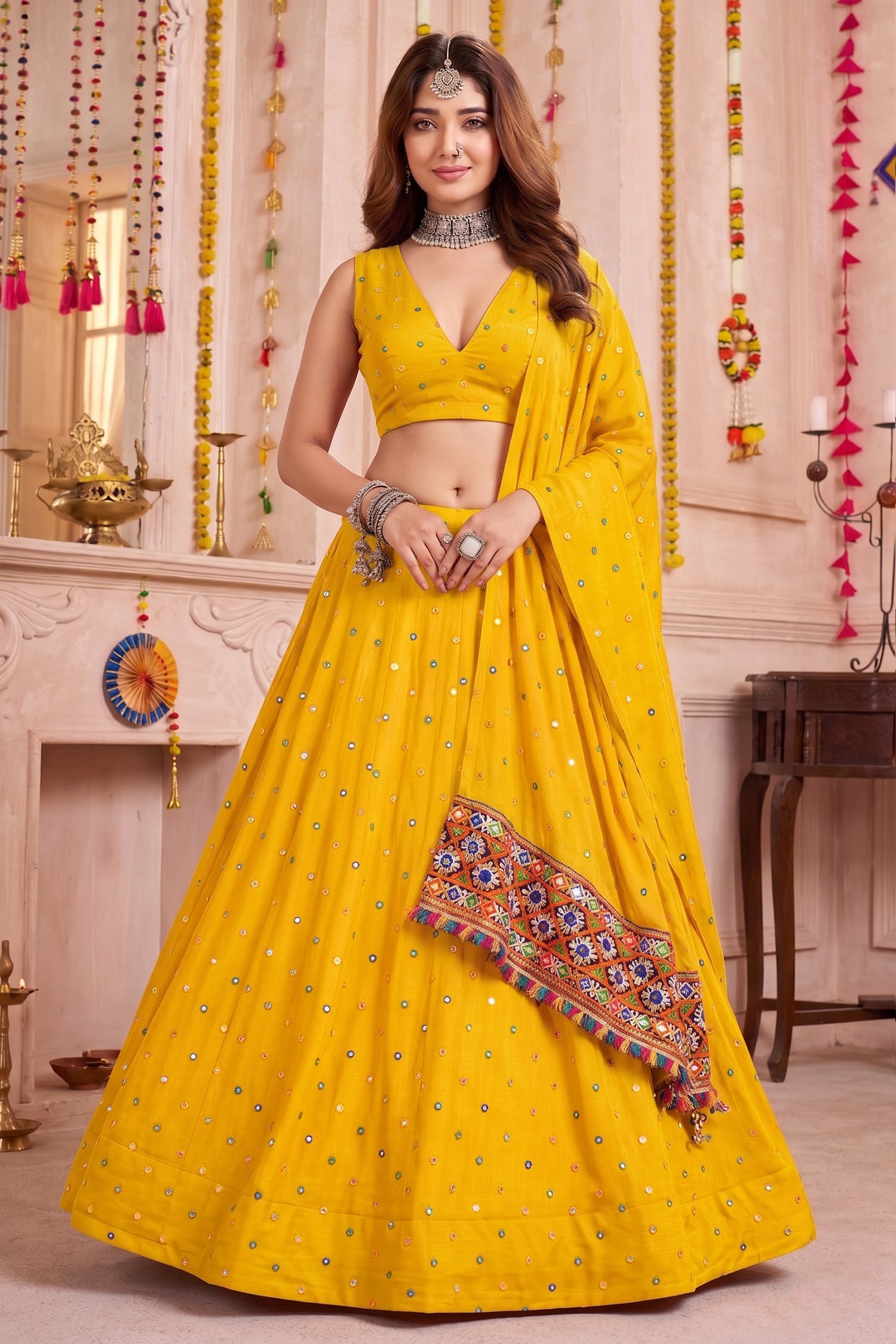 Yellow Rayon Chaniya Choli with Kachchi Mirror Work