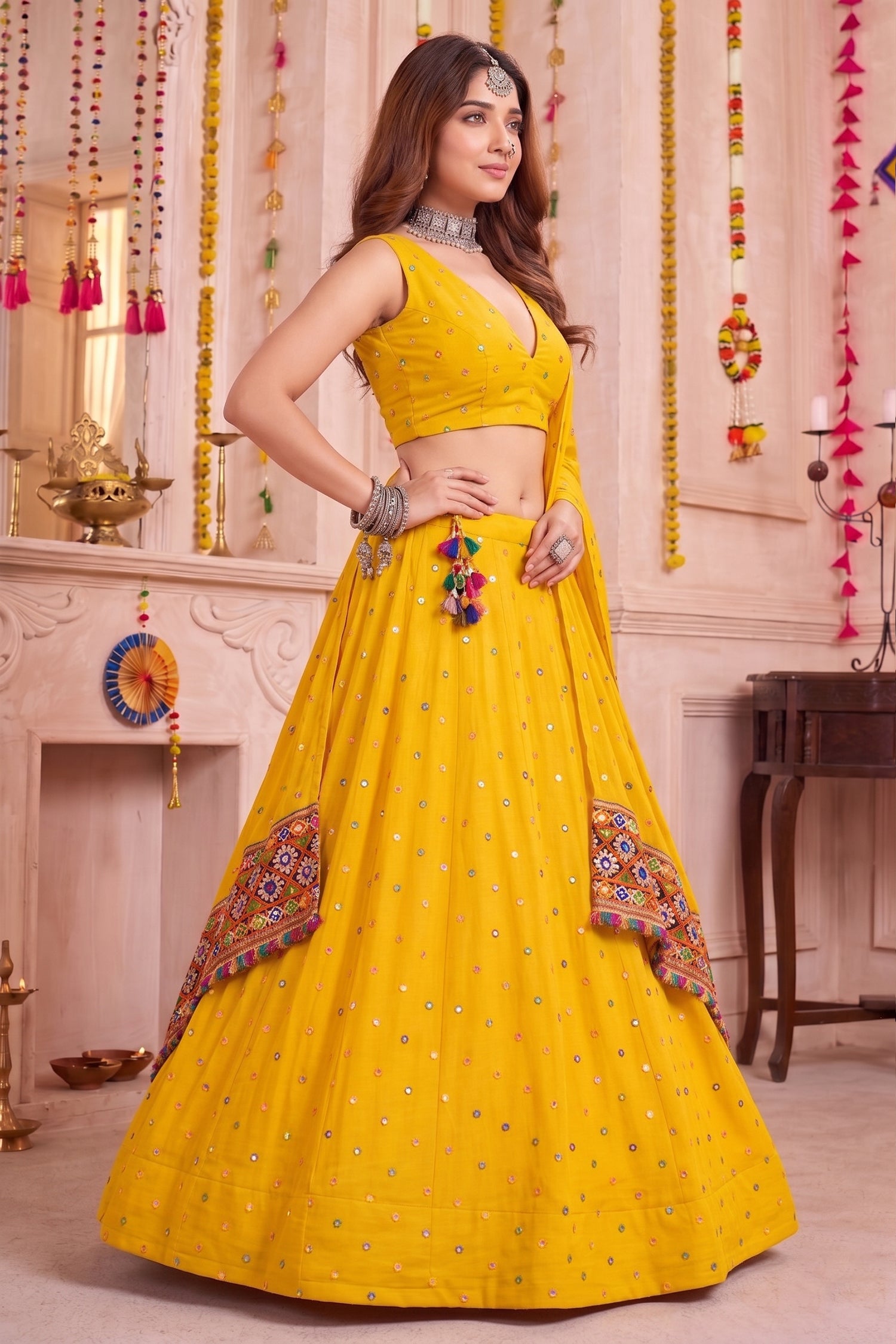 Yellow Rayon Chaniya Choli with Kachchi Mirror Work