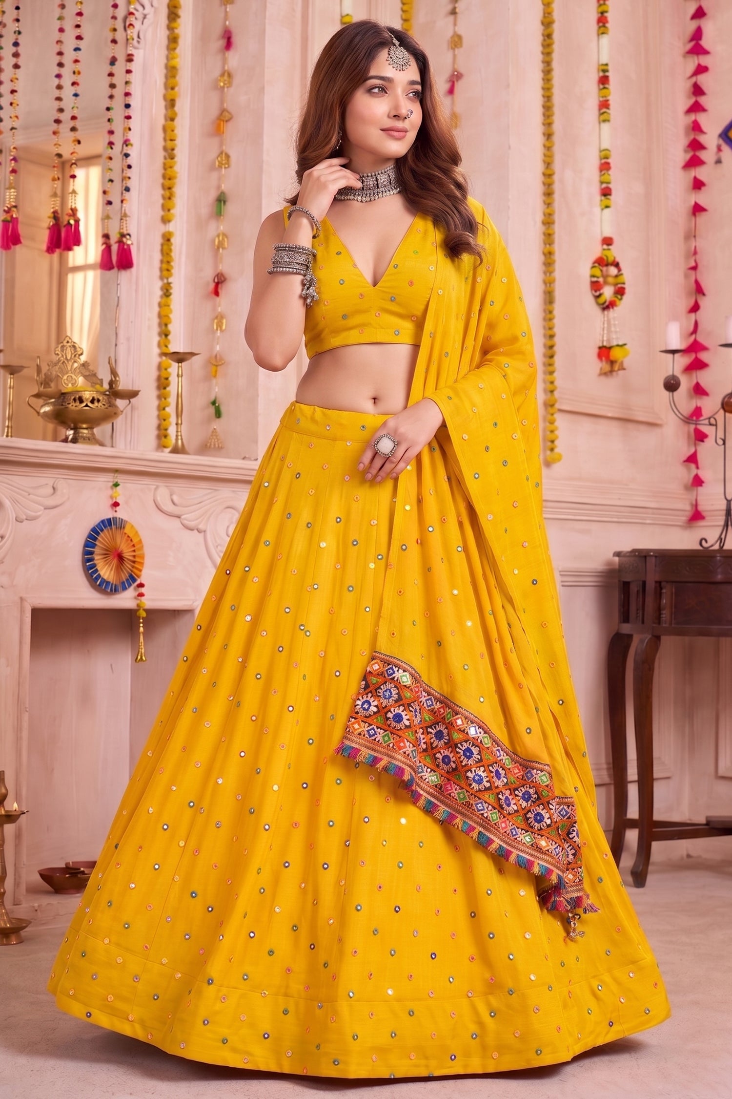 Yellow Rayon Chaniya Choli with Kachchi Mirror Work