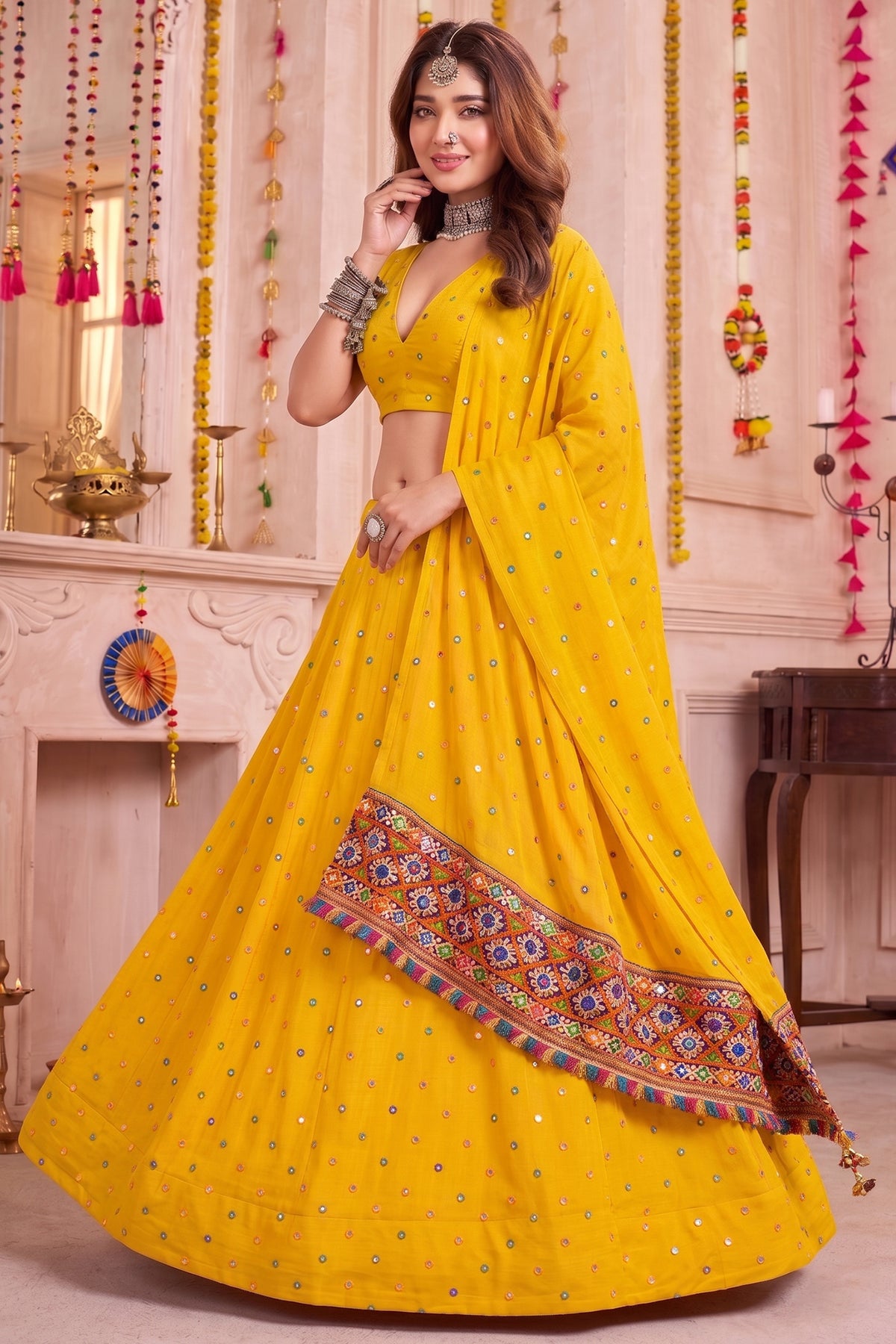 Yellow Rayon Chaniya Choli with Kachchi Mirror Work