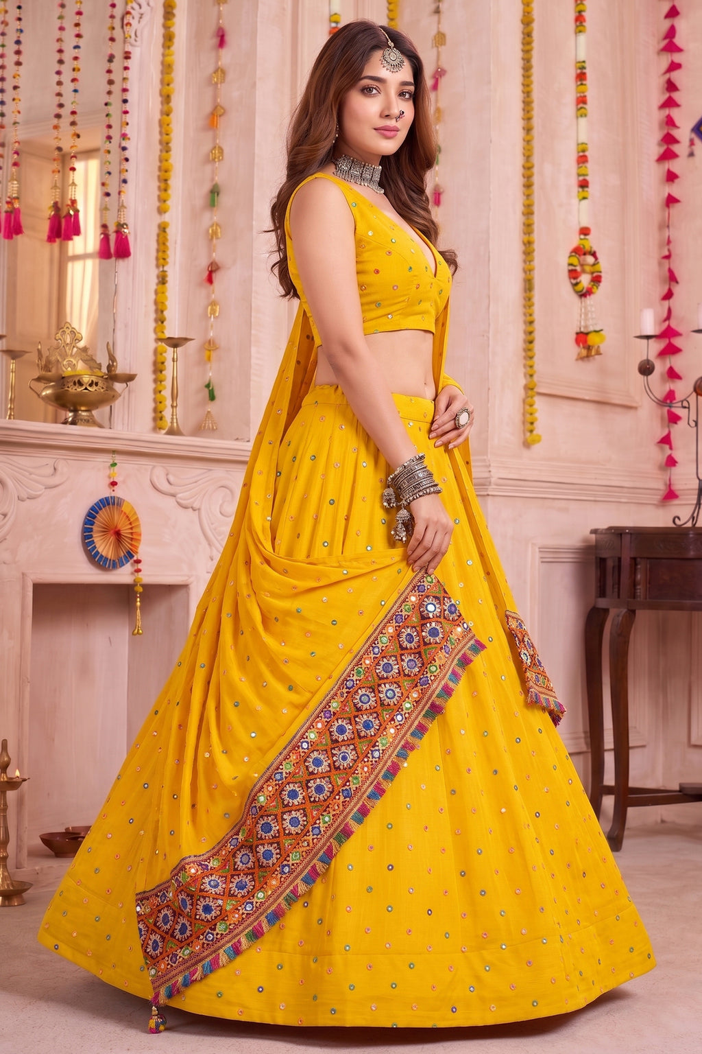Yellow Rayon Chaniya Choli with Kachchi Mirror Work