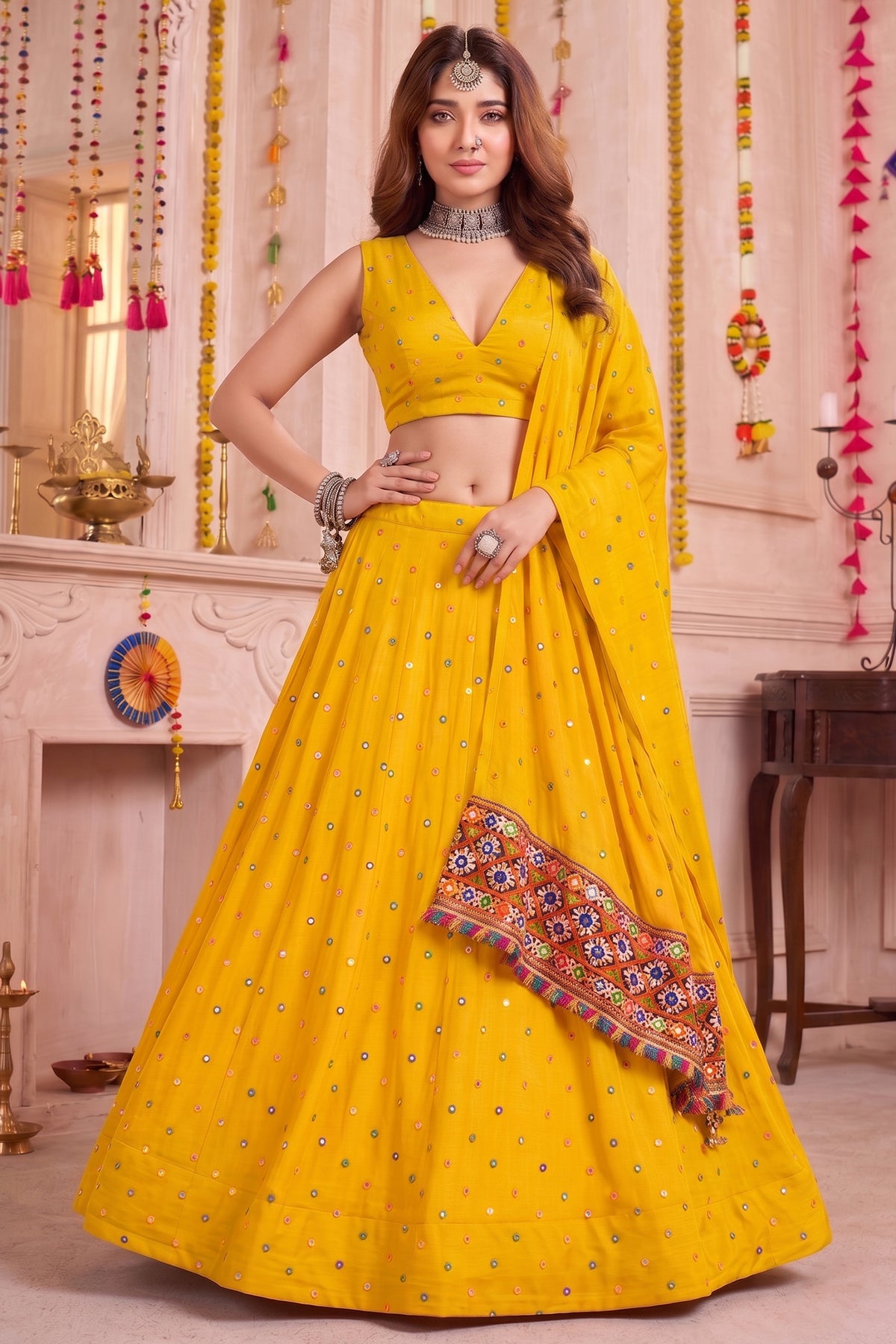 Yellow Rayon Chaniya Choli with Kachchi Mirror Work
