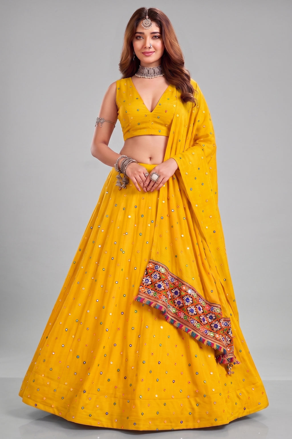 Yellow Rayon Chaniya Choli with Kachchi Mirror Work