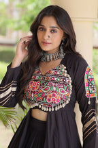 Black Cotton Chaniya with Mirror and Kachchi Work Long Top
