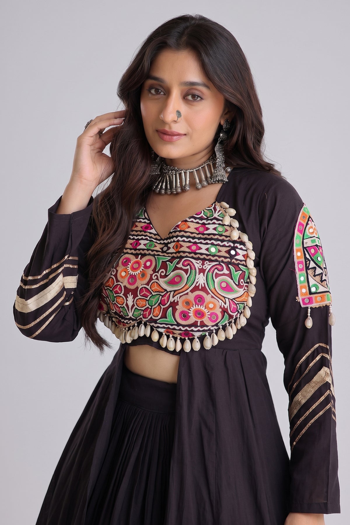 Black Cotton Chaniya with Mirror and Kachchi Work Long Top