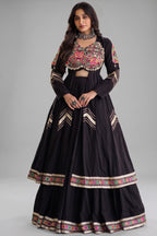 Black Cotton Chaniya with Mirror and Kachchi Work Long Top