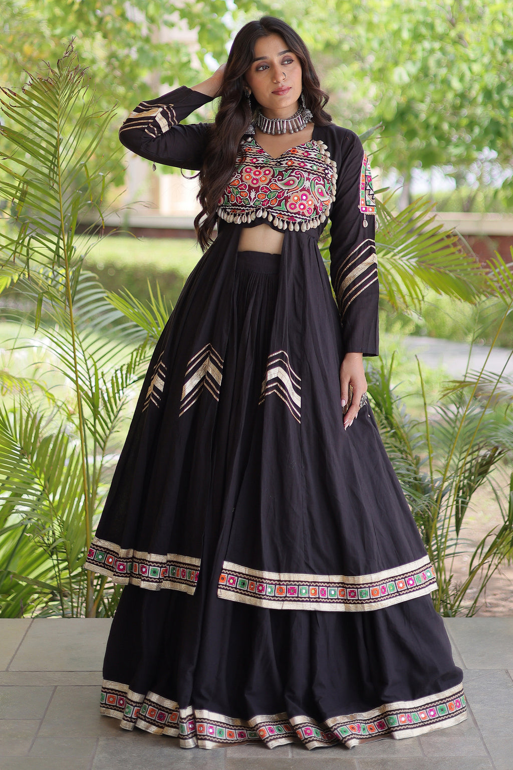 Black Cotton Chaniya with Mirror and Kachchi Work Long Top