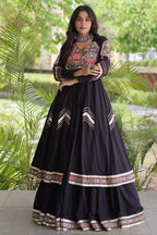 Black Cotton Chaniya with Mirror and Kachchi Work Long Top