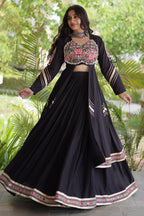 Black Cotton Chaniya with Mirror and Kachchi Work Long Top
