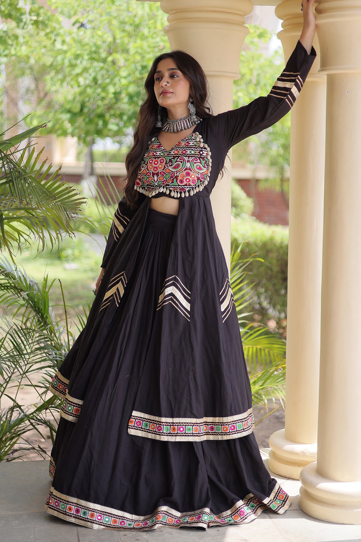 Black Cotton Chaniya with Mirror and Kachchi Work Long Top