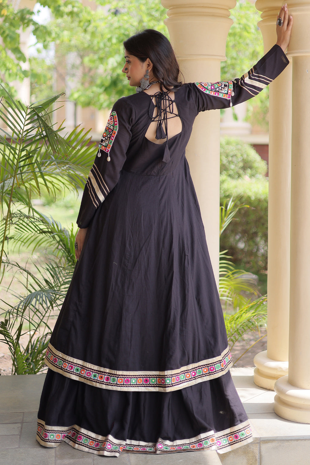Black Cotton Chaniya with Mirror and Kachchi Work Long Top