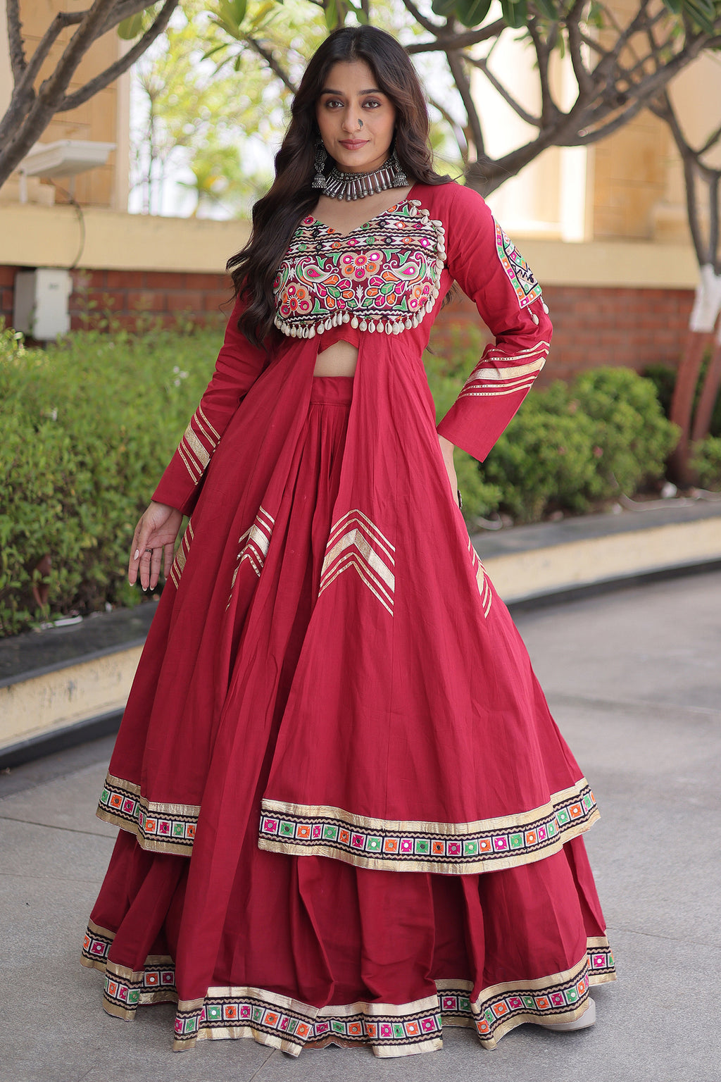 Maroon Cotton Chaniya with Mirror and Kachchi Work Long Top