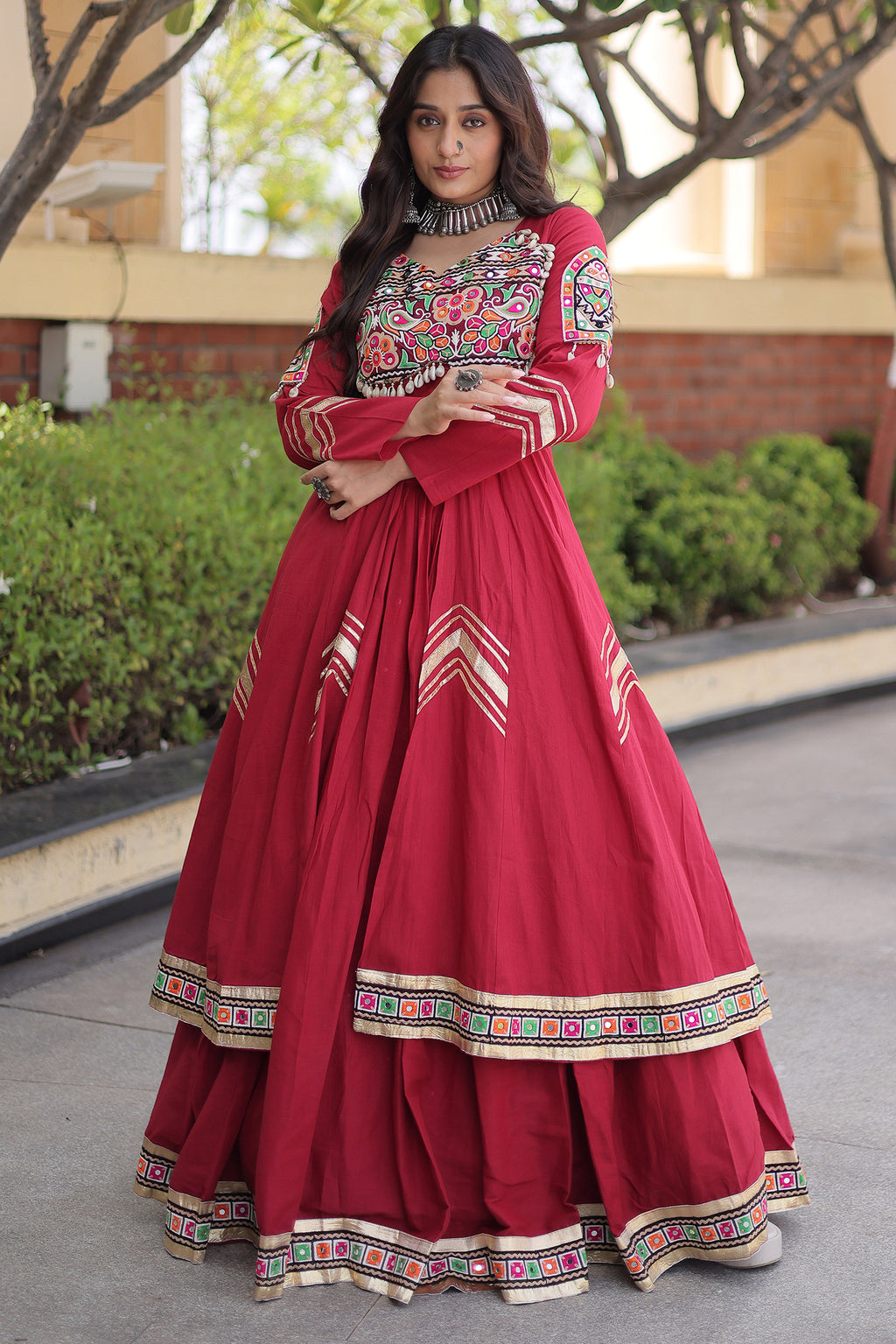 Maroon Cotton Chaniya with Mirror and Kachchi Work Long Top