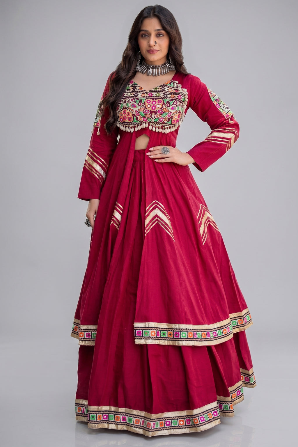 Maroon Cotton Chaniya with Mirror and Kachchi Work Long Top