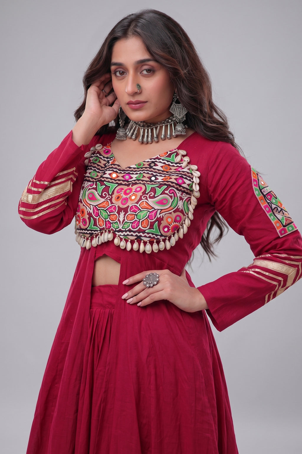 Maroon Cotton Chaniya with Mirror and Kachchi Work Long Top