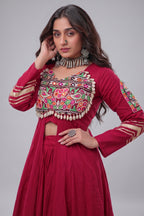 Maroon Cotton Chaniya with Mirror and Kachchi Work Long Top
