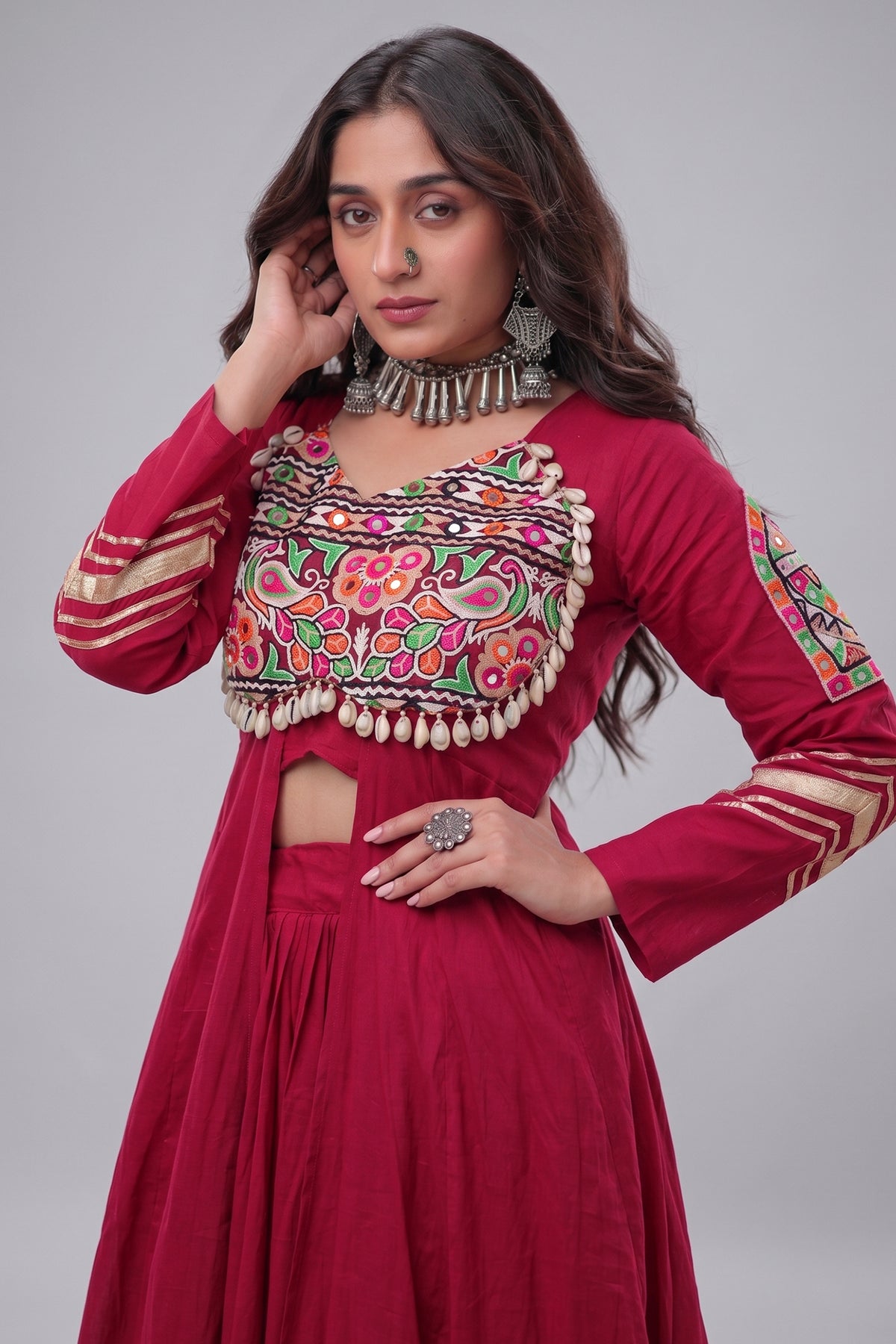 Maroon Cotton Chaniya with Mirror and Kachchi Work Long Top