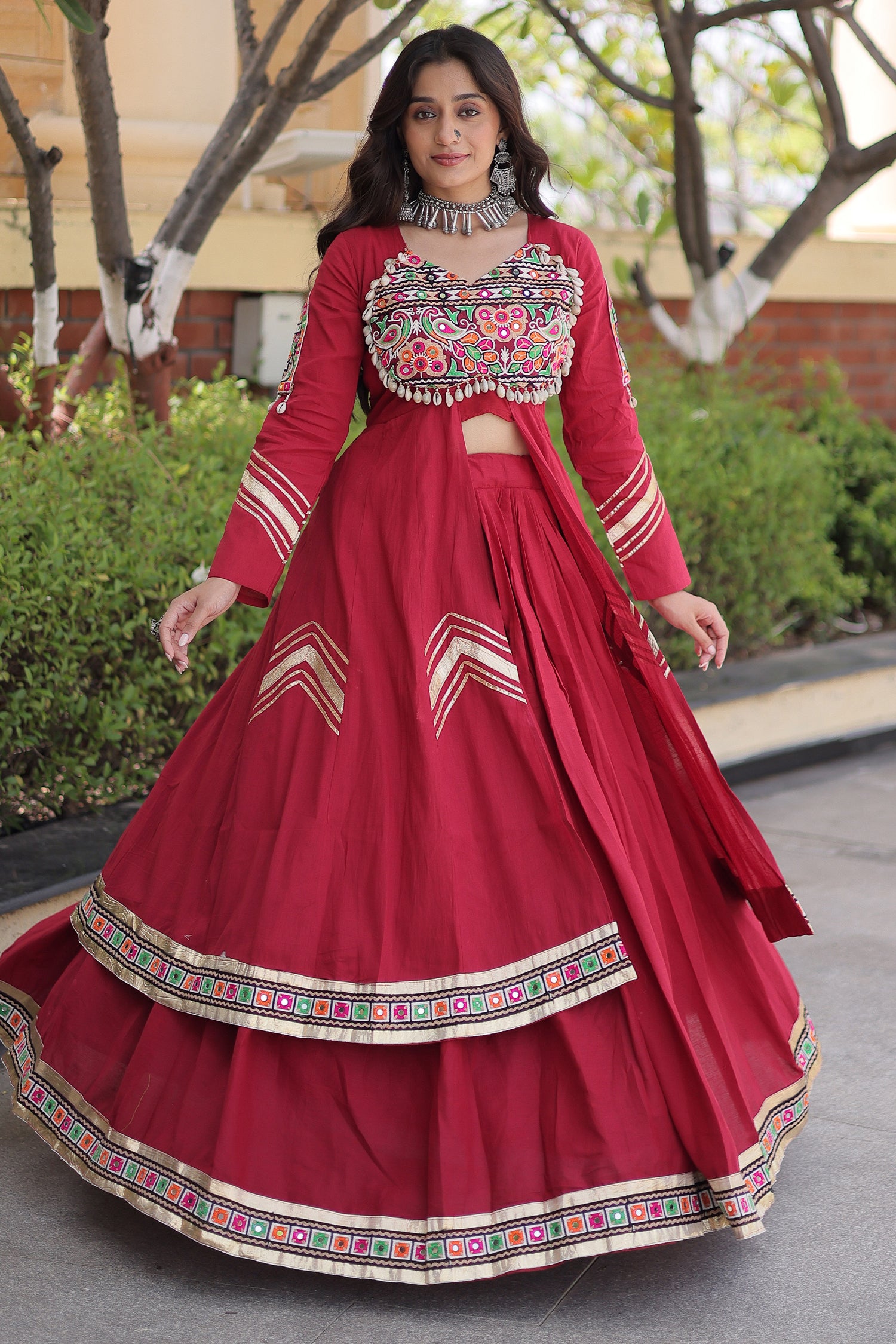 Maroon Cotton Chaniya with Mirror and Kachchi Work Long Top