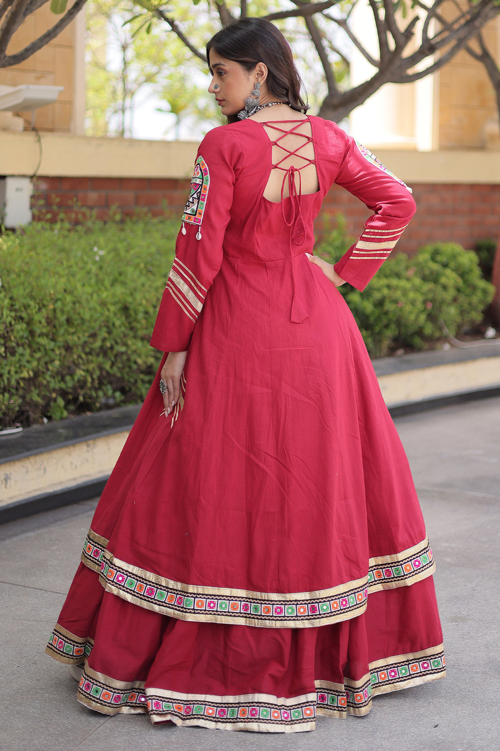 Maroon Cotton Chaniya with Mirror and Kachchi Work Long Top