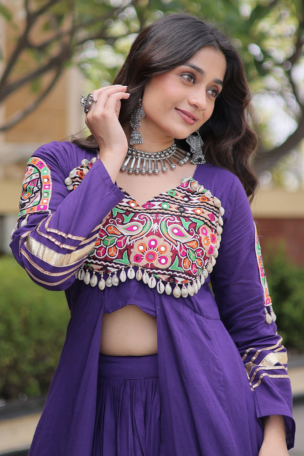 Purple Cotton Chaniya with Mirror and Kachchi Work Long Top