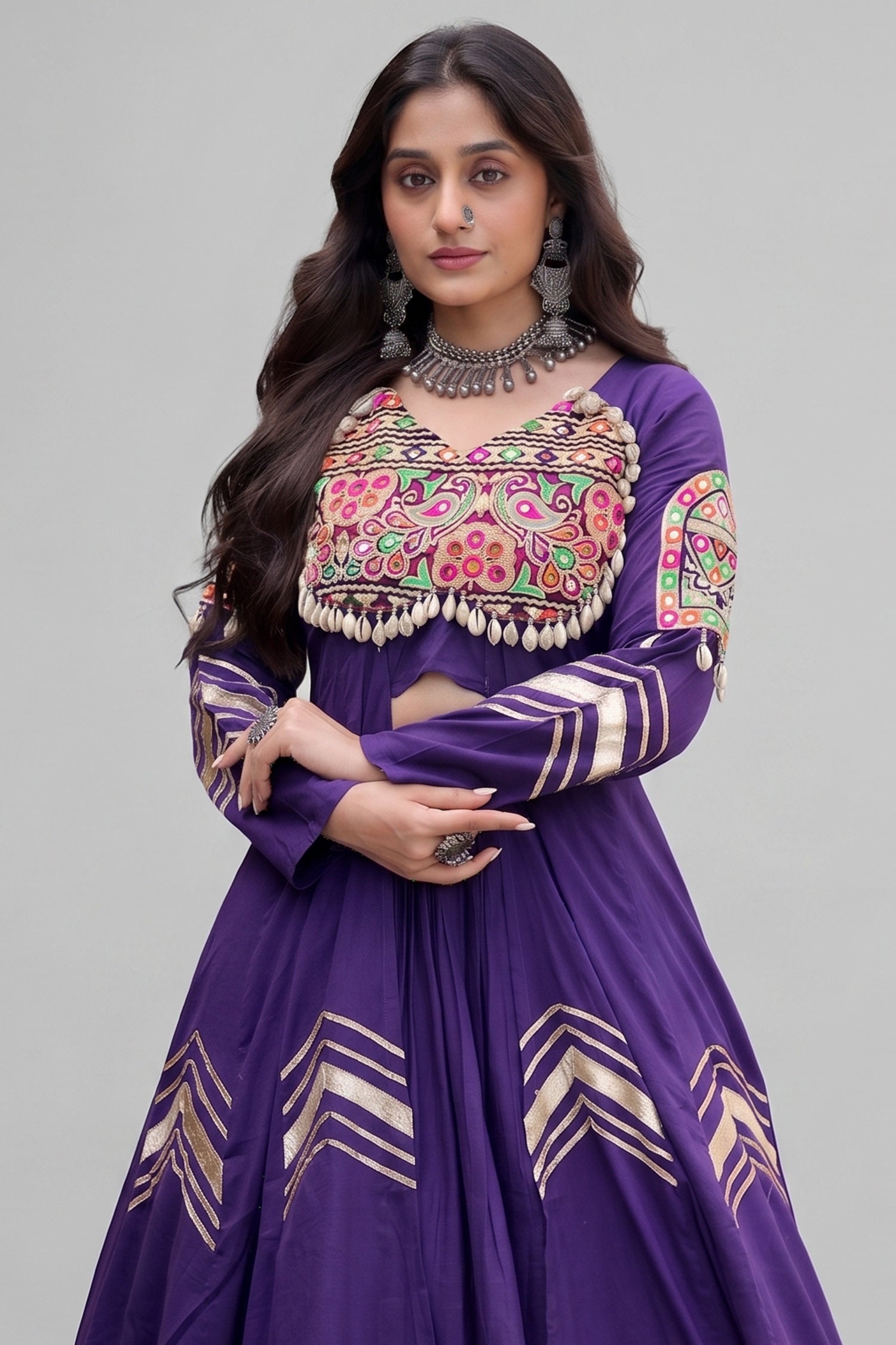 Purple Cotton Chaniya with Mirror and Kachchi Work Long Top Secondary image