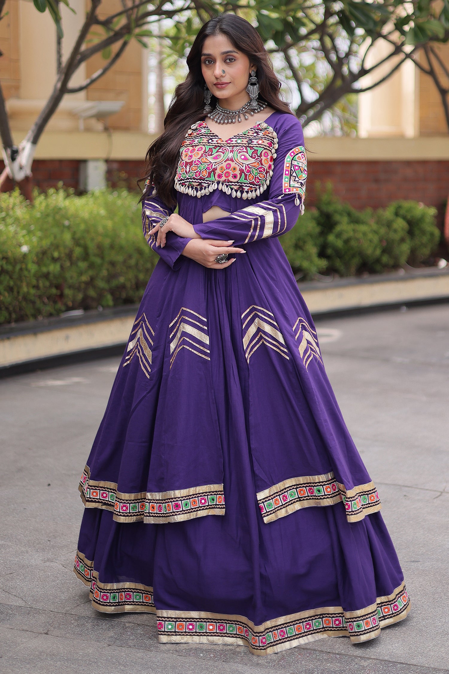 Purple Cotton Chaniya with Mirror and Kachchi Work Long Top