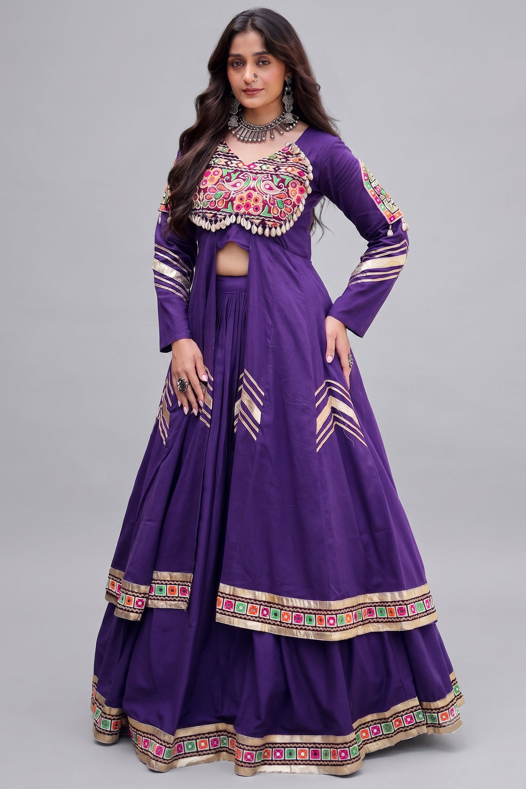 Purple Cotton Chaniya with Mirror and Kachchi Work Long Top