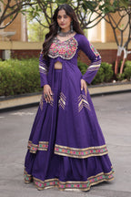 Purple Cotton Chaniya with Mirror and Kachchi Work Long Top