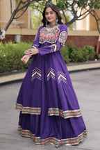 Purple Cotton Chaniya with Mirror and Kachchi Work Long Top