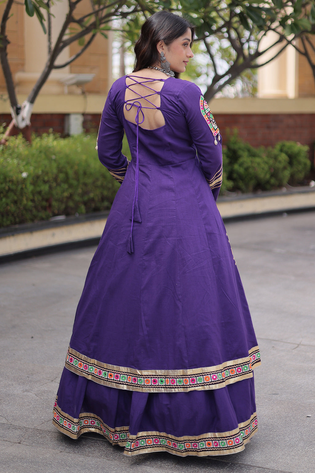 Purple Cotton Chaniya with Mirror and Kachchi Work Long Top