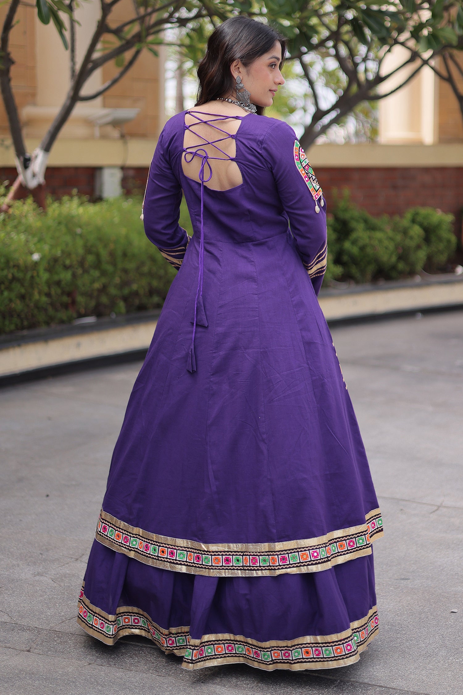 Purple Cotton Chaniya with Mirror and Kachchi Work Long Top