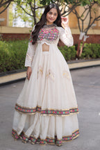 White Cotton Chaniya with Mirror and Kachchi Work Long Top