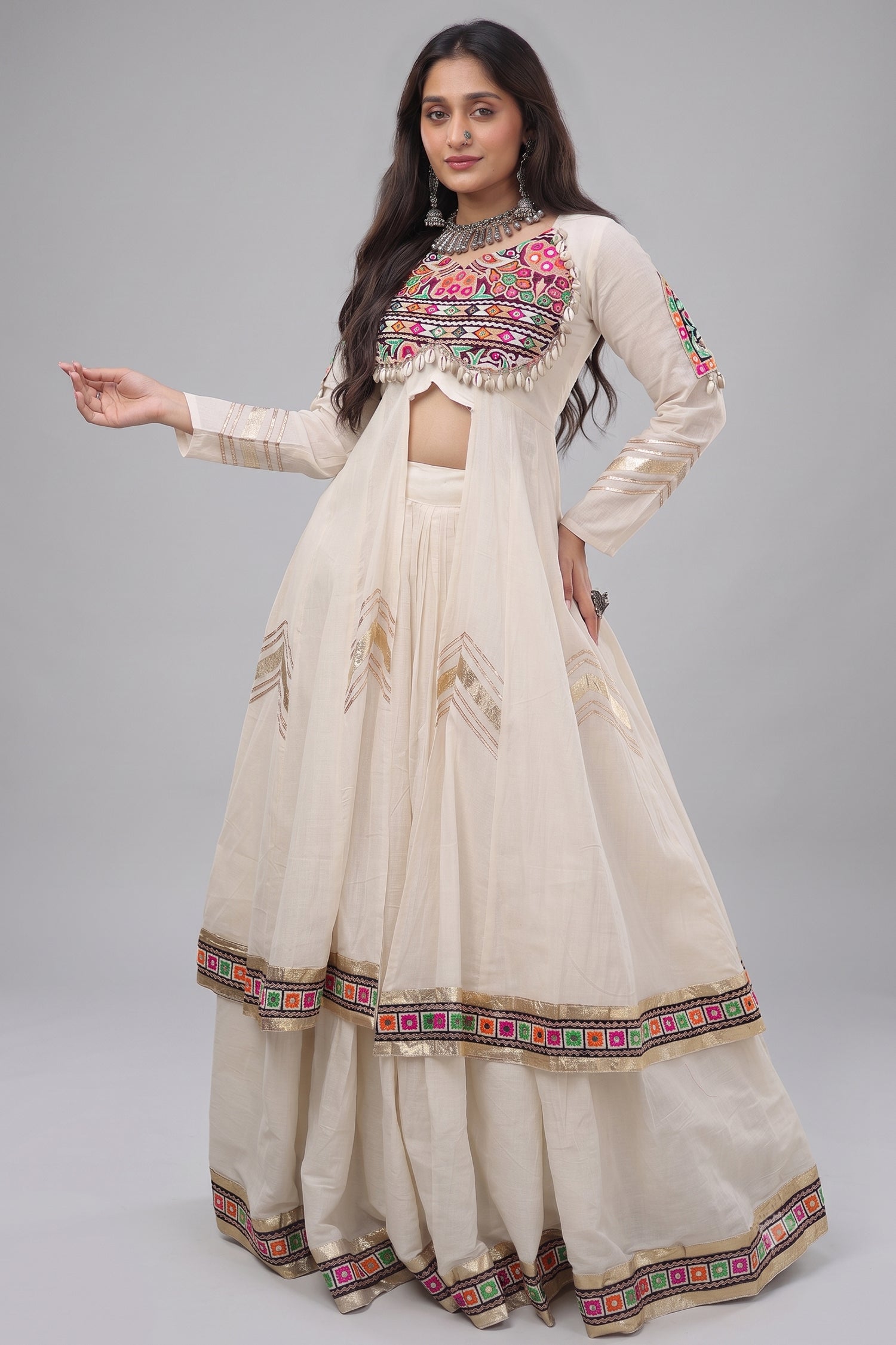 White Cotton Chaniya with Mirror and Kachchi Work Long Top Main image