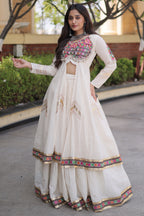 White Cotton Chaniya with Mirror and Kachchi Work Long Top
