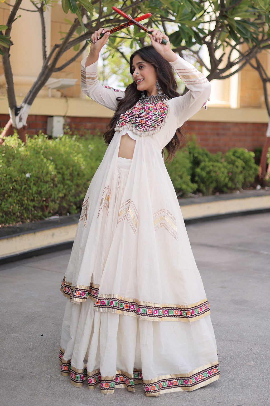 White Cotton Chaniya with Mirror and Kachchi Work Long Top