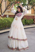 White Cotton Chaniya with Mirror and Kachchi Work Long Top