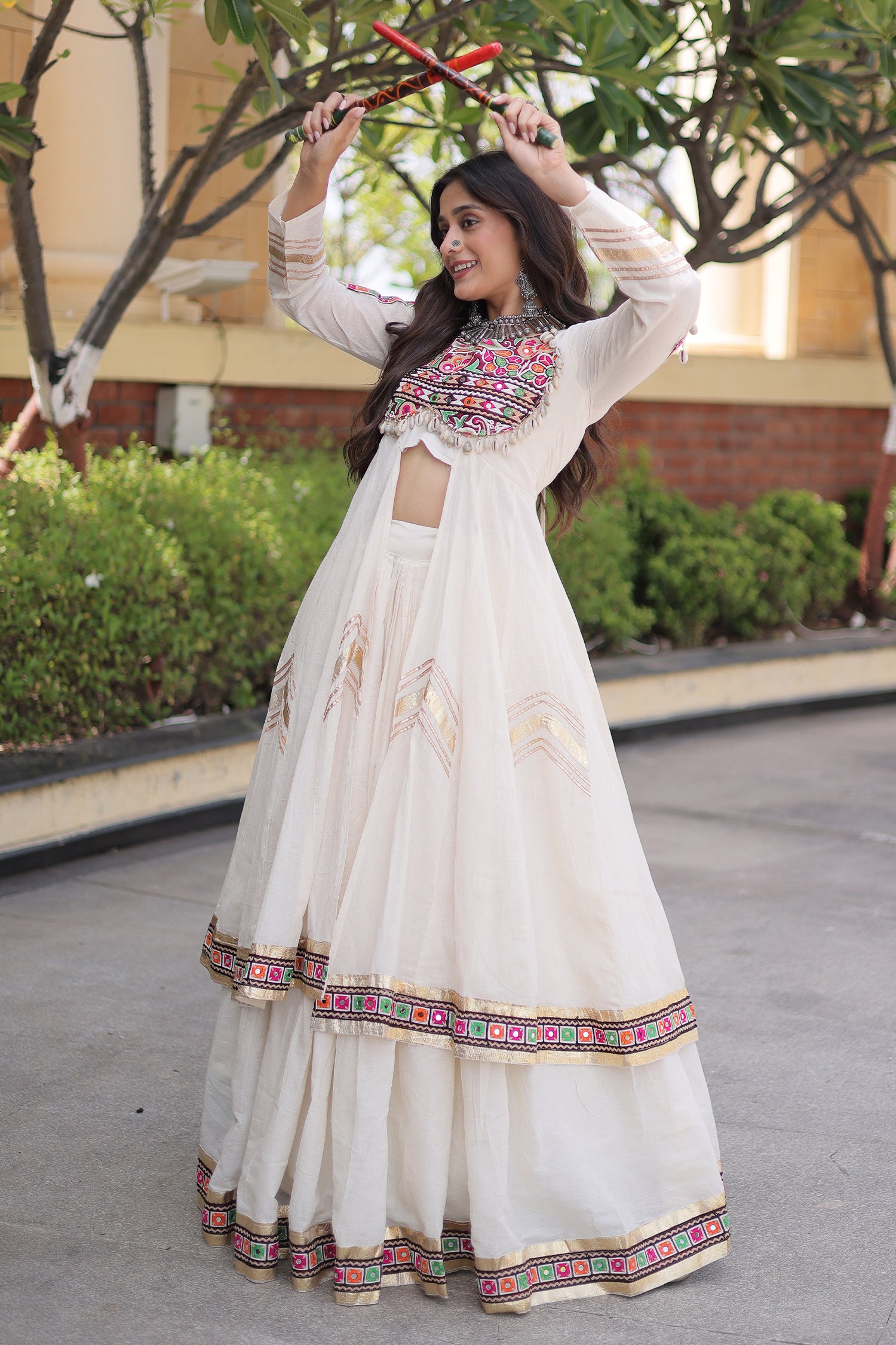 White Cotton Chaniya with Mirror and Kachchi Work Long Top