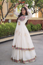 White Cotton Chaniya with Mirror and Kachchi Work Long Top