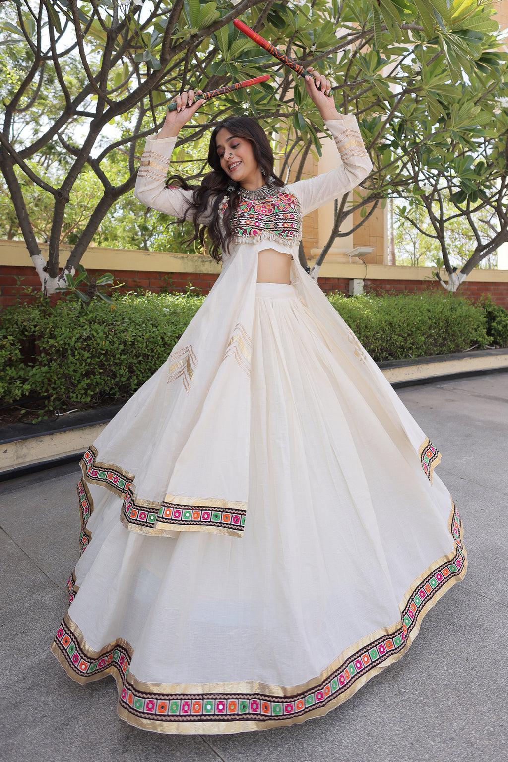 White Cotton Chaniya with Mirror and Kachchi Work Long Top