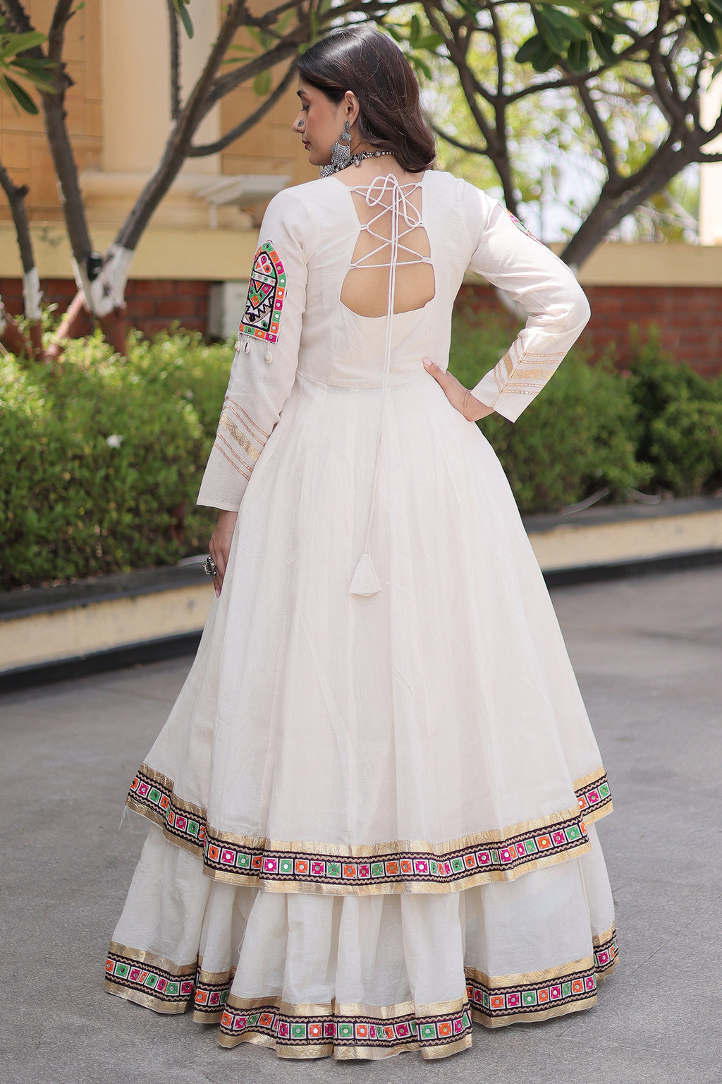 White Cotton Chaniya with Mirror and Kachchi Work Long Top