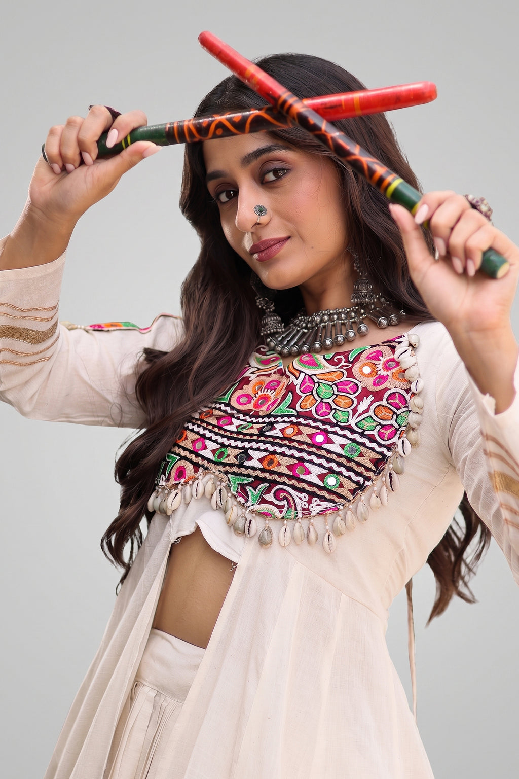 White Cotton Chaniya with Mirror and Kachchi Work Long Top