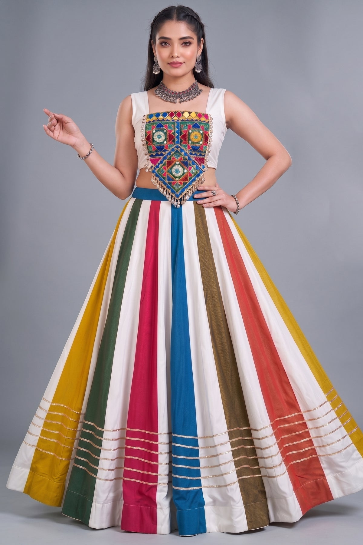 White Multi Panel Rayon Gamthi & Mirror Work Navratri Lehenga Choli