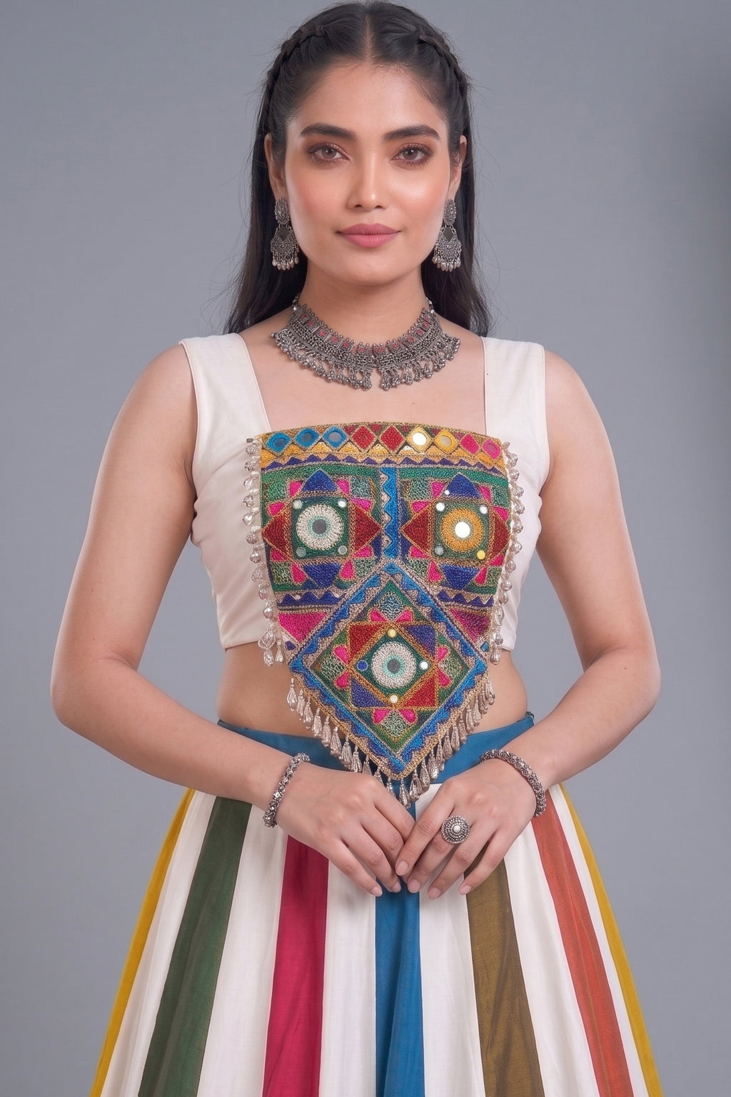 White Multi Panel Rayon Gamthi & Mirror Work Navratri Lehenga Choli