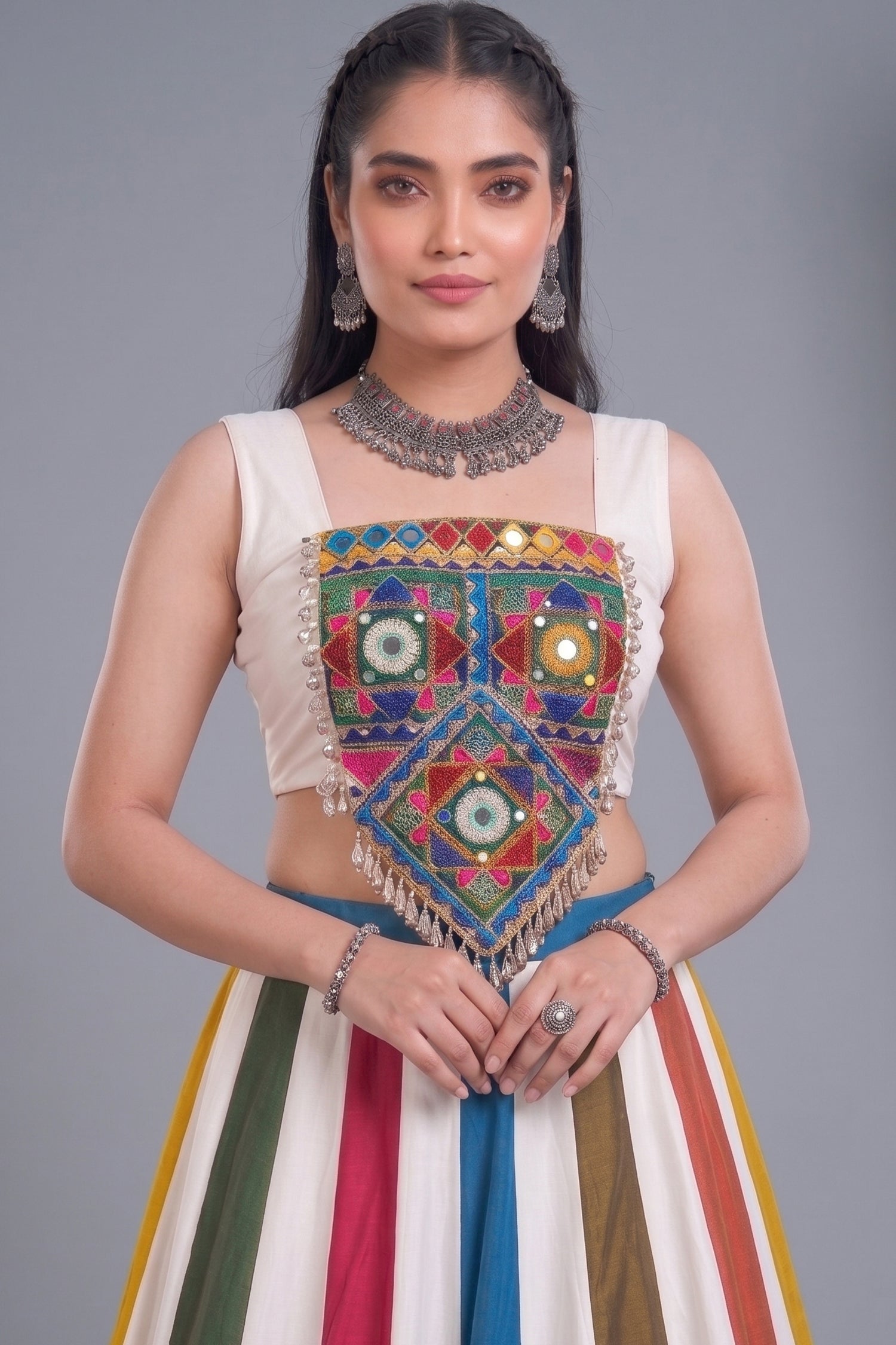 White Multi Panel Rayon Gamthi & Mirror Work Navratri Lehenga Choli