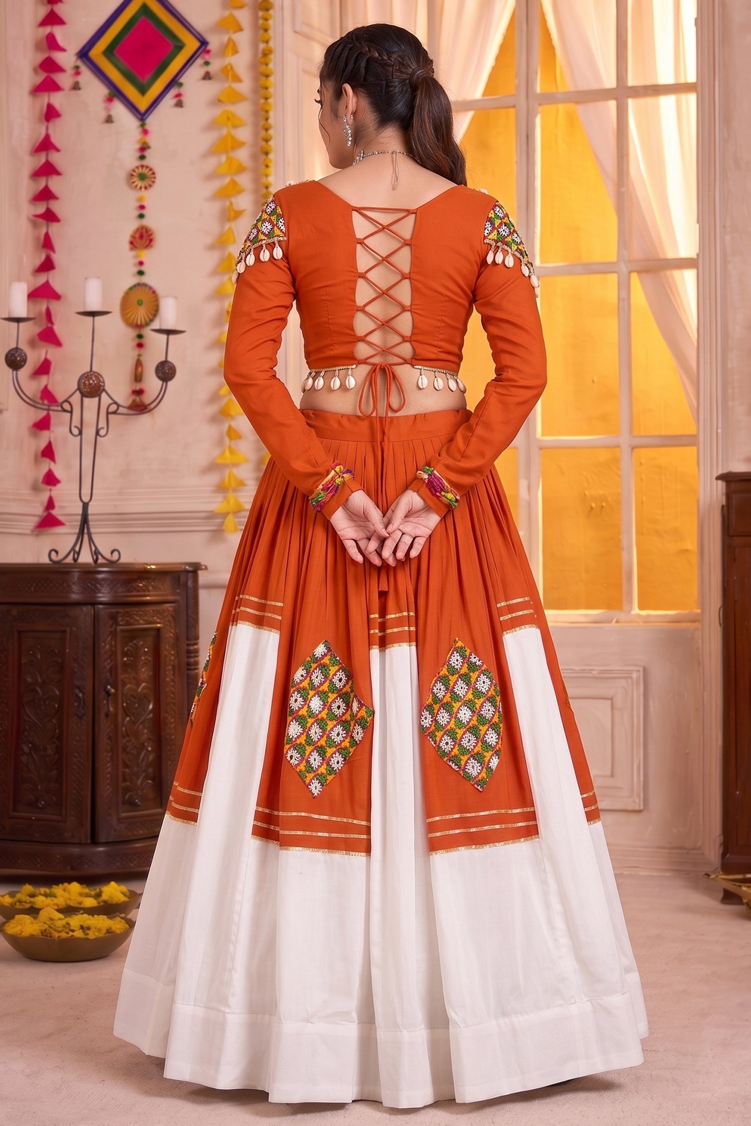 Rust Orange & White Rayon Gamthi Patch Work Lehenga Choli